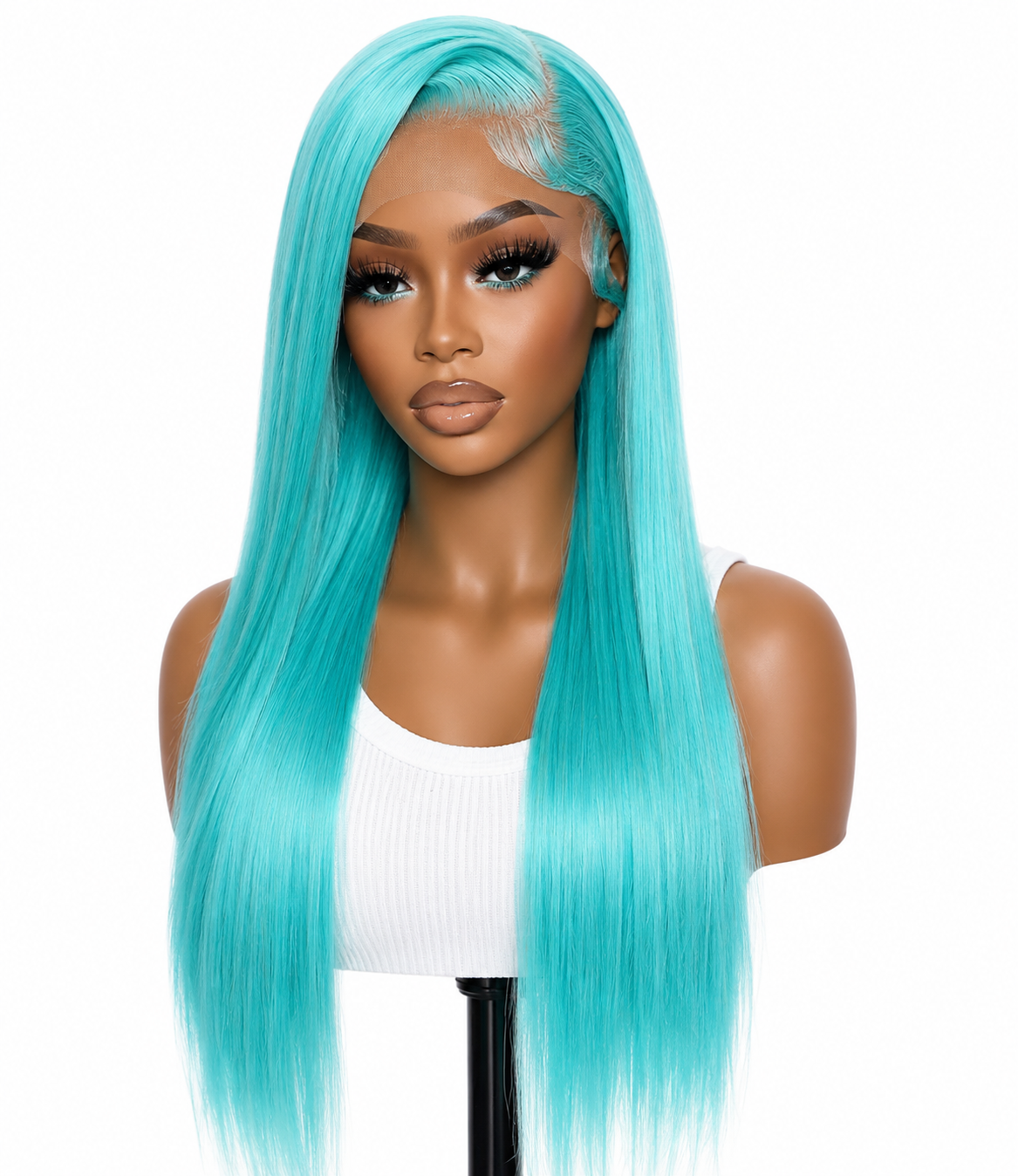 Perruque sans colle en cheveux humains, frontale en dentelle transparente, vert menthe, lisse, pré-épilée, pour femmes